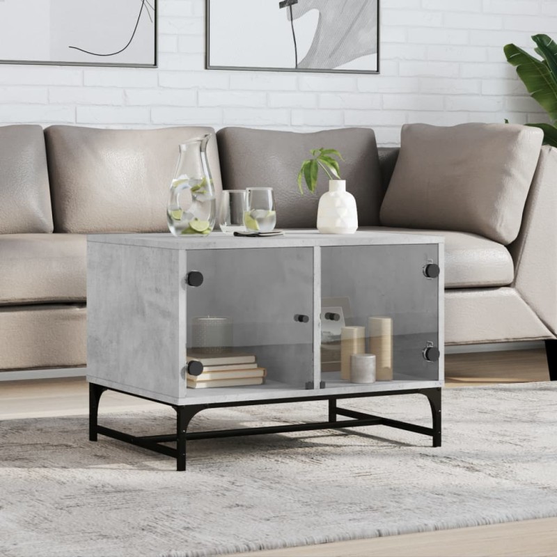 vidaXL Mesa de centro puertas de vidrio gris hormigón 68,5x50x50 cm vidaXL Mesa de centro puertas de vidrio gris hormigón 68,5x50x50 cm