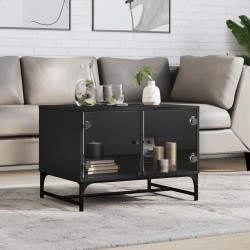 vidaXL Mesa de centro con puertas de vidrio negra 68,5x50x50 cm