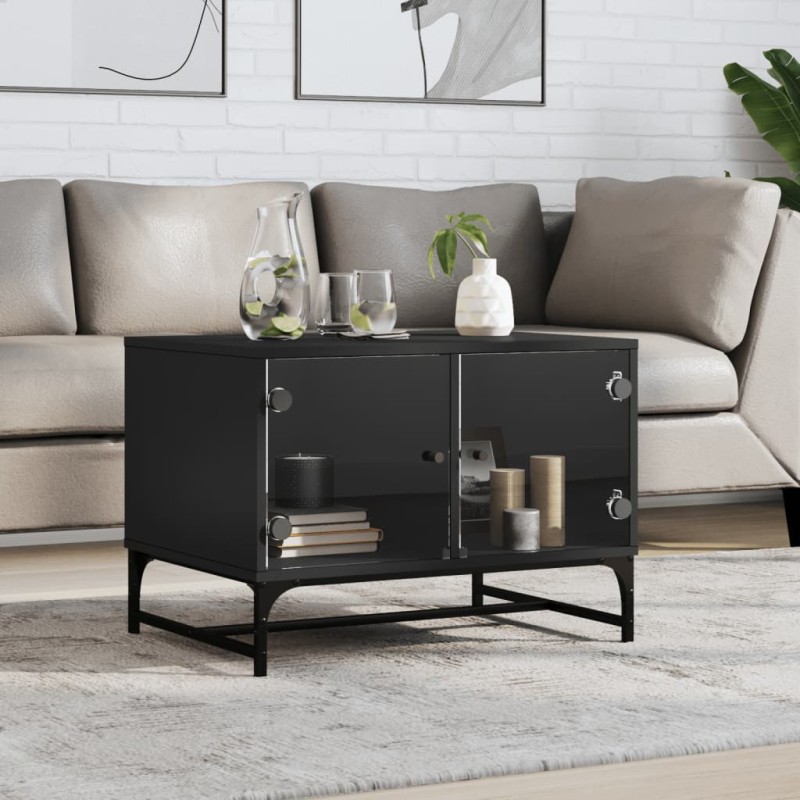 vidaXL Mesa de centro con puertas de vidrio negra 68,5x50x50 cm