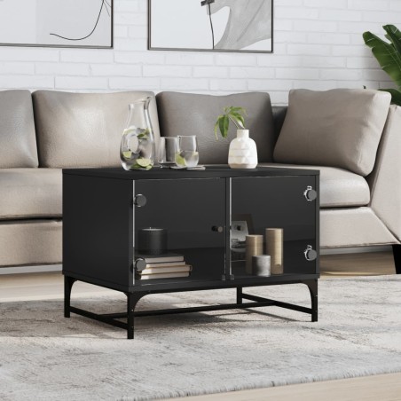 vidaXL Mesa de centro con puertas de vidrio negra 68,5x50x50 cm