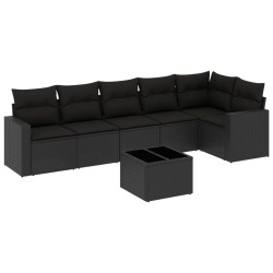 vidaXL Set de comedor de jardín 7 pzas y cojines ratán sintético negro