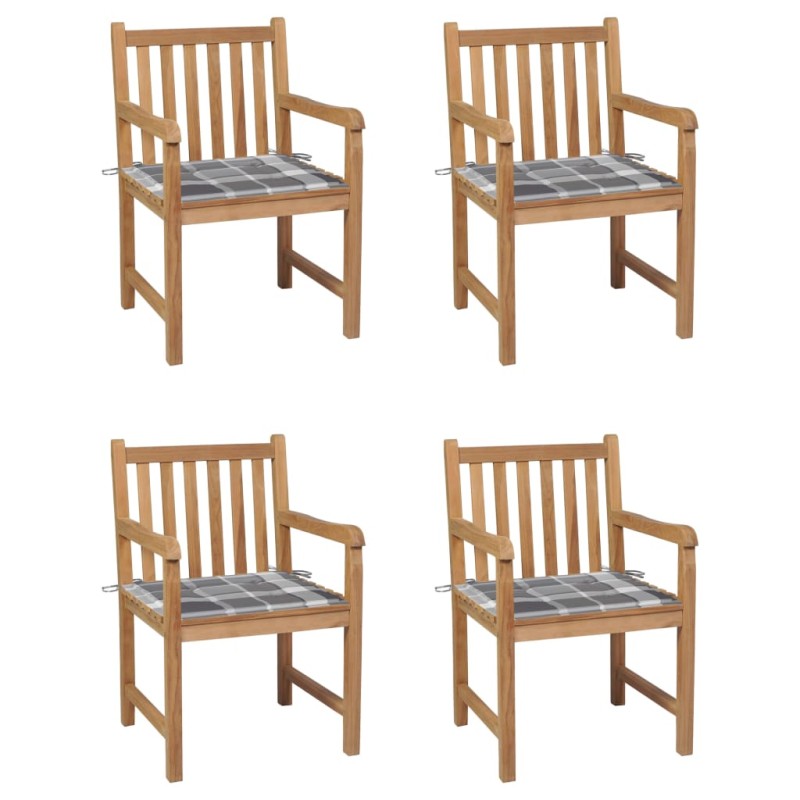 vidaXL Sillas de jardín 4 uds madera maciza teca cojines cuadros gris vidaXL Sillas de jardín 4 uds madera maciza teca cojines cuadros gris