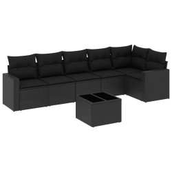 vidaXL Set de comedor de jardín 7 pzas y cojines ratán sintético negro