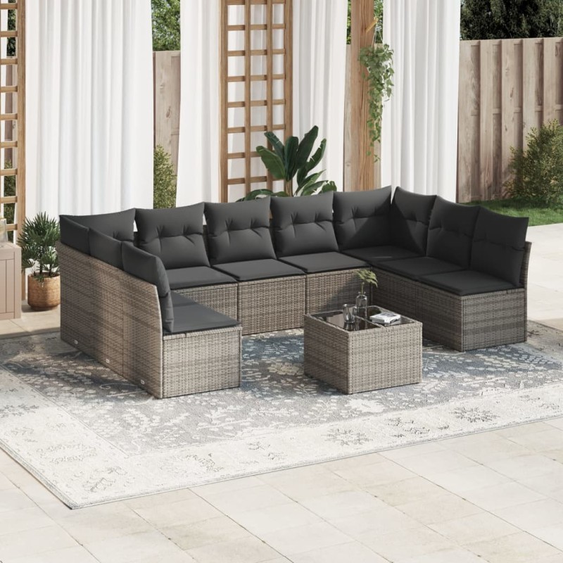 vidaXL Set de sofás de jardín 10 pzas con cojines ratán sintético gris vidaXL Set de sofás de jardín 10 pzas con cojines ratán sintético gris