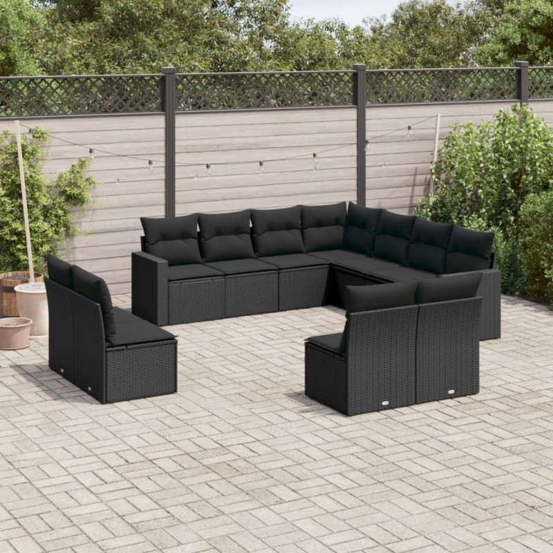 vidaXL Set de sofás de jardín 11 pzas y cojines ratán sintético negro