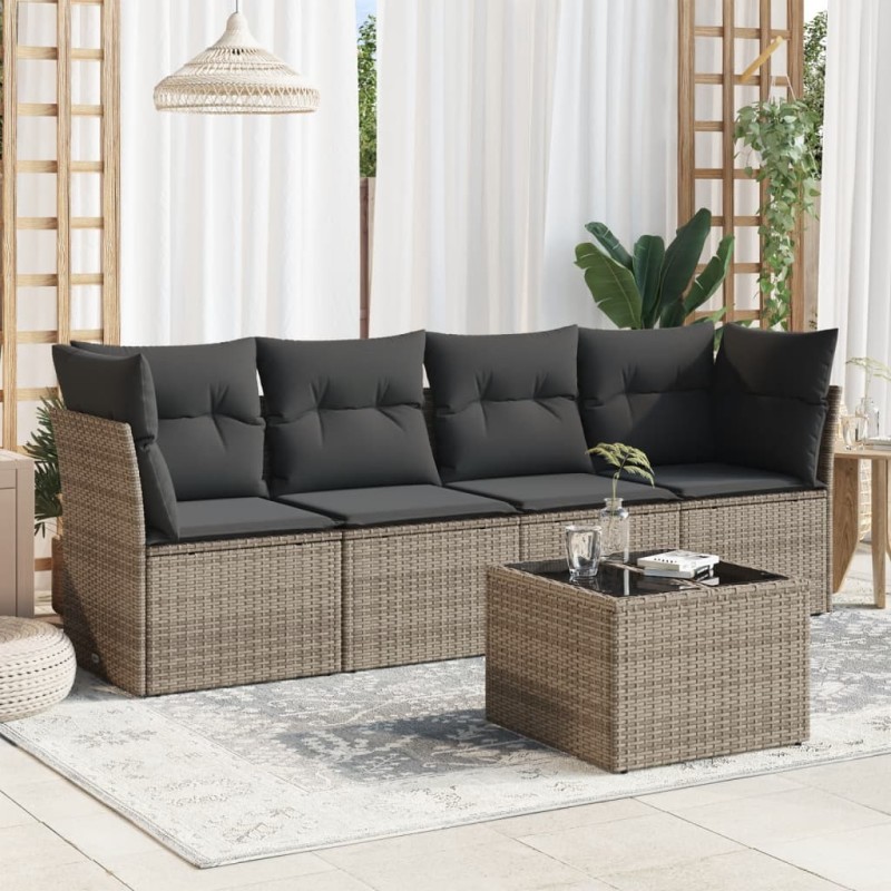 vidaXL Juego de sofás jardín con cojines 5 pzas ratán sintético gris vidaXL Juego de sofás jardín con cojines 5 pzas ratán sintético gris