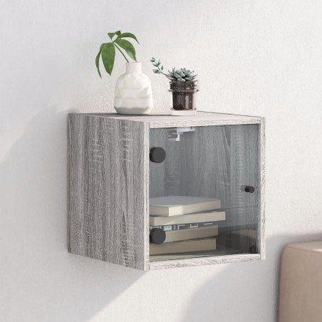 vidaXL Mesita de noche con puerta de vidrio gris Sonoma 35x37x35 cm
