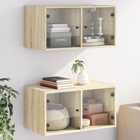 vidaXL Mueble pared puertas de vidrio 2 uds roble Sonoma 68,5x37x35 cm