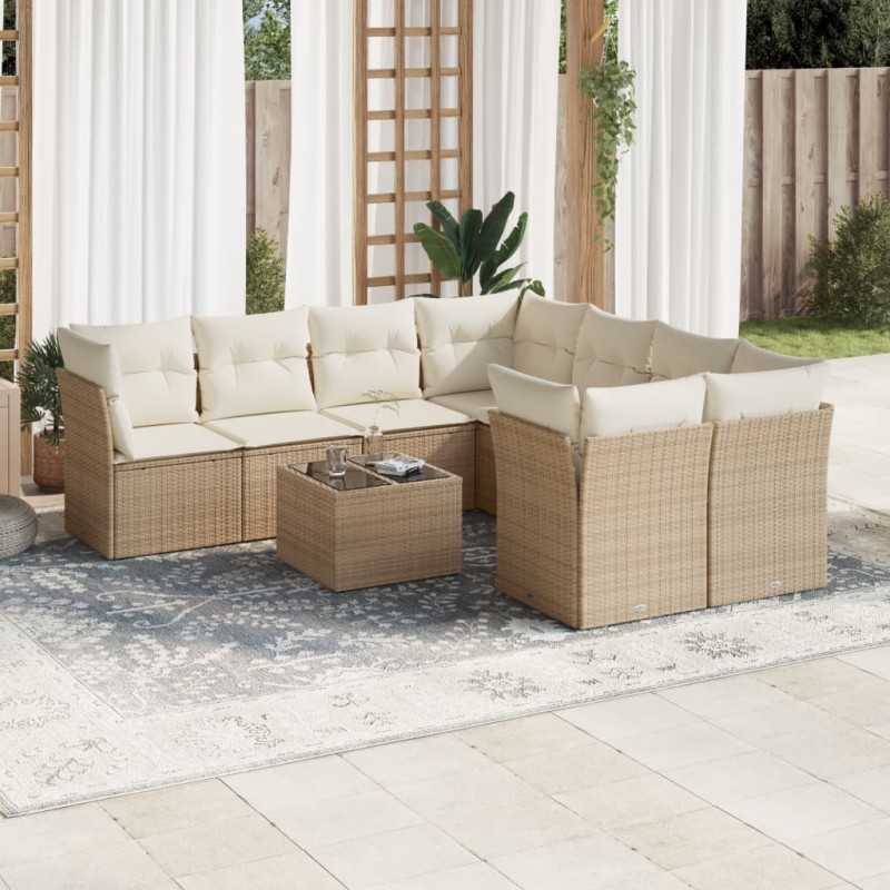 vidaXL Set de sofás de jardín 9 pzas con cojines ratán sintético beige vidaXL Set de sofás de jardín 9 pzas con cojines ratán sintético beige