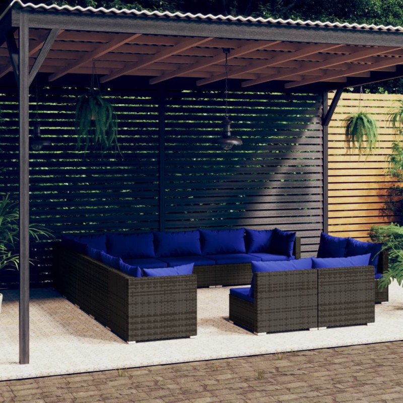 vidaXL Set muebles de jardín 13 piezas y cojines ratán sintético gris vidaXL Set muebles de jardín 13 piezas y cojines ratán sintético gris