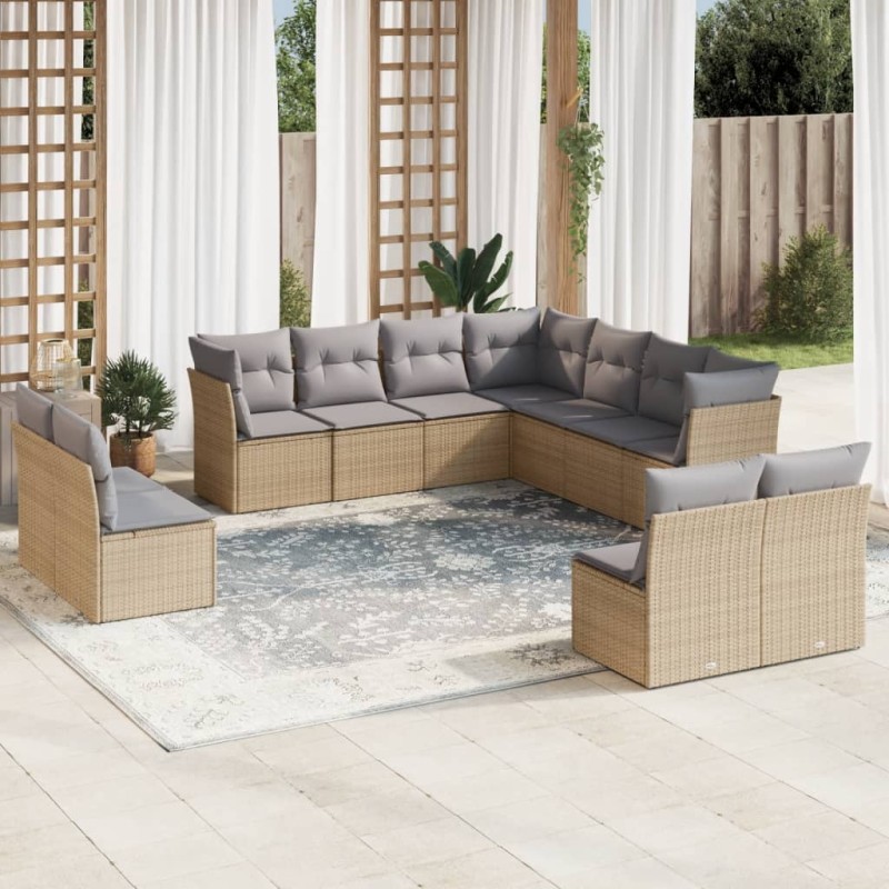 vidaXL Set de sofás de jardín 11pzas con cojines ratán sintético beige vidaXL Set de sofás de jardín 11pzas con cojines ratán sintético beige