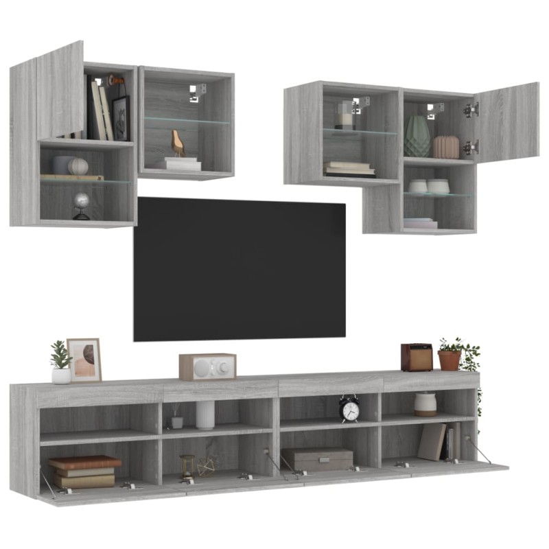 vidaXL Muebles de TV de pared con luces LED 6 piezas gris sonoma vidaXL Muebles de TV de pared con luces LED 6 piezas gris sonoma