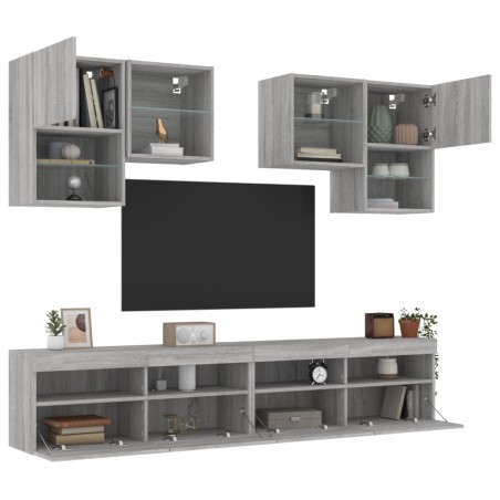 vidaXL Muebles de TV de pared con luces LED 6 piezas gris sonoma