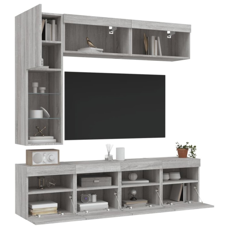 vidaXL Muebles de TV de pared con luces LED 7 piezas gris sonoma vidaXL Muebles de TV de pared con luces LED 7 piezas gris sonoma