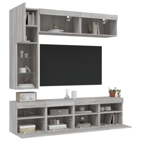 vidaXL Muebles de TV de pared con luces LED 7 piezas gris sonoma