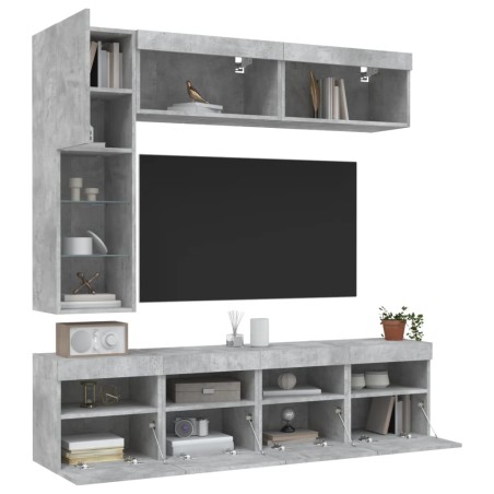 vidaXL Muebles de TV de pared con luces LED 7 piezas gris hormigón