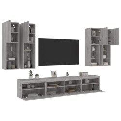 vidaXL Muebles de TV de pared con luces LED 7 piezas gris sonoma