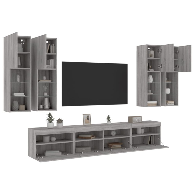 vidaXL Muebles de TV de pared con luces LED 7 piezas gris sonoma
