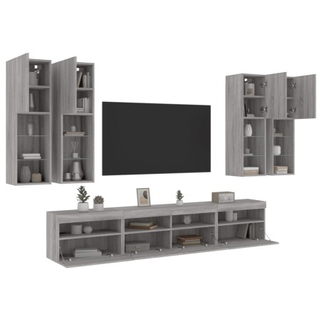 vidaXL Muebles de TV de pared con luces LED 7 piezas gris sonoma