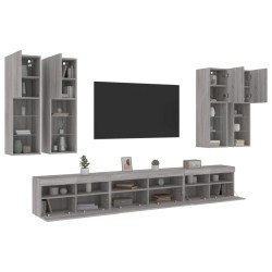 vidaXL Muebles de TV de pared con luces LED 7 piezas gris sonoma