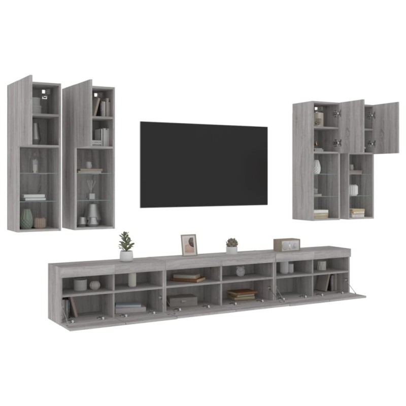 vidaXL Muebles de TV de pared con luces LED 7 piezas gris sonoma vidaXL Muebles de TV de pared con luces LED 7 piezas gris sonoma