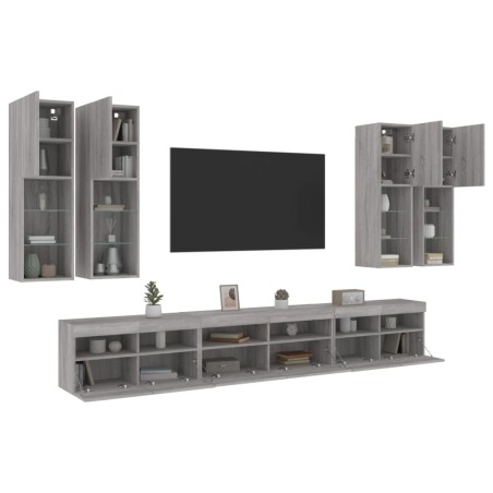 vidaXL Muebles de TV de pared con luces LED 7 piezas gris sonoma