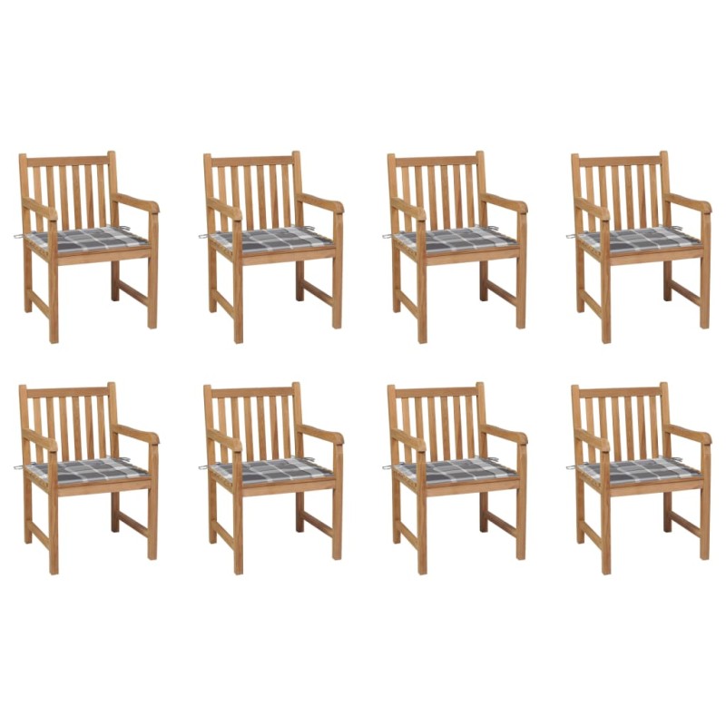 vidaXL Sillas de jardín 8 uds madera maciza teca cojines cuadros gris vidaXL Sillas de jardín 8 uds madera maciza teca cojines cuadros gris