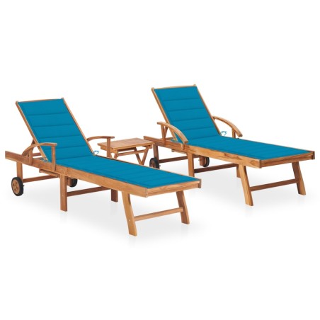 vidaXL Tumbonas con mesa y cojín 2 unidades madera maciza de teca