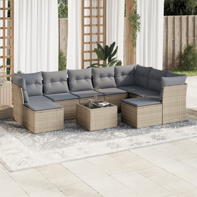 vidaXL Juego de sofás jardín con cojines beige 10 pzas ratán sintético