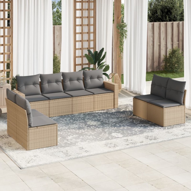 vidaXL Set de sofás de jardín 9 pzas con cojines ratán sintético beige