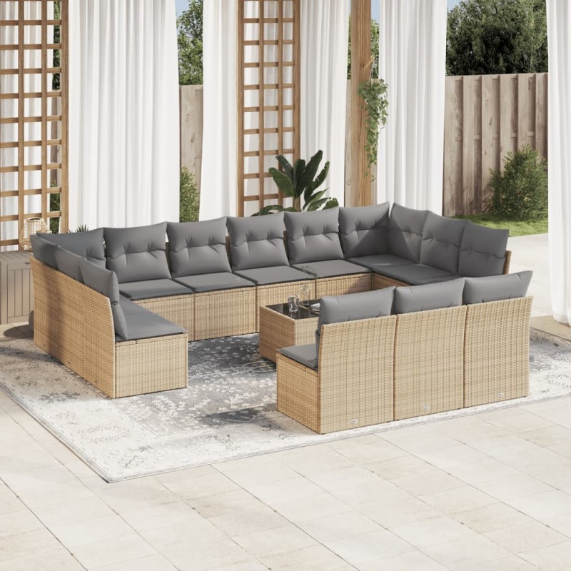 vidaXL Set sofás de jardín 14 pzas con cojines ratán sintético beige vidaXL Set sofás de jardín 14 pzas con cojines ratán sintético beige