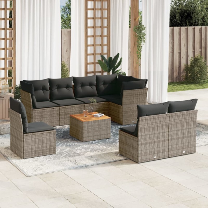 vidaXL Set de muebles de jardín 9 pzas y cojines ratán sintético gris vidaXL Set de muebles de jardín 9 pzas y cojines ratán sintético gris