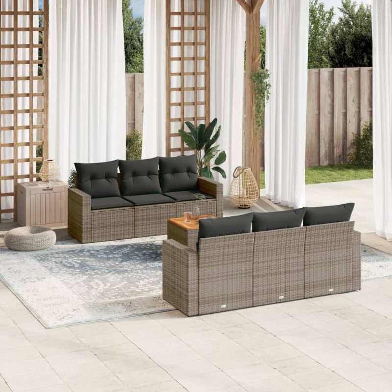 vidaXL Set de sofás de jardín 7 piezas con cojines ratán PE gris vidaXL Set de sofás de jardín 7 piezas con cojines ratán PE gris