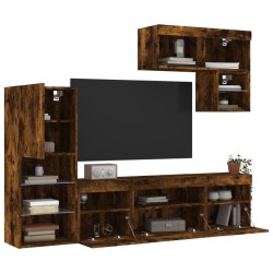 vidaXL Muebles TV pared con LED 6 pzas madera ingeniería roble ahumado
