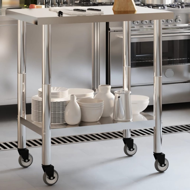 vidaXL Mesa de trabajo de cocina con ruedas acero inox 82,5x55x85 cm vidaXL Mesa de trabajo de cocina con ruedas acero inox 82,5x55x85 cm