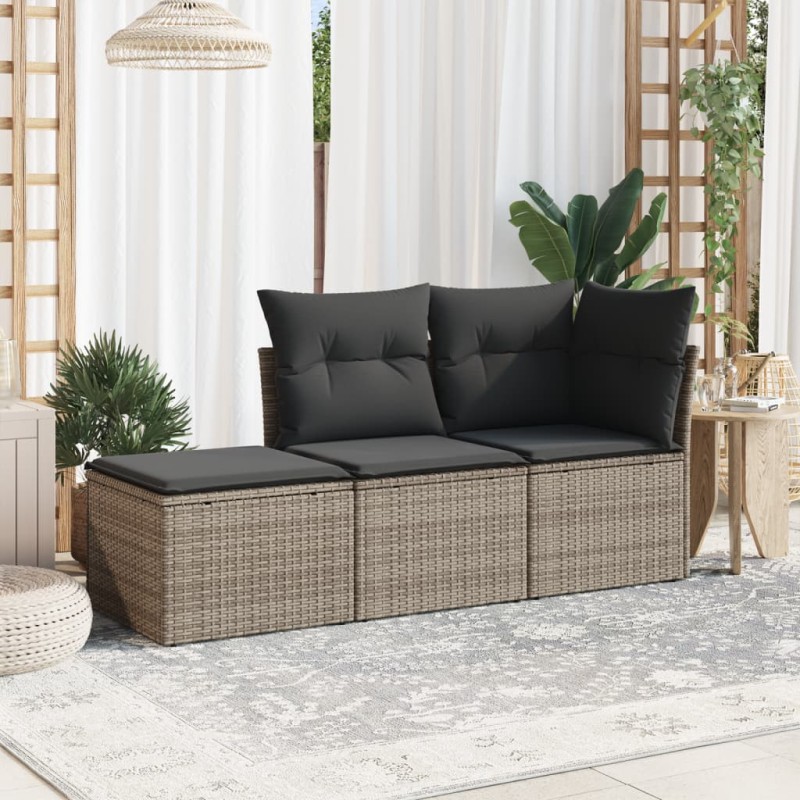 vidaXL Set de sofá de jardín 3 pzas y cojines ratán sintético gris