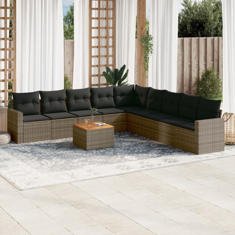 vidaXL Set de sofás de jardín 10 pzas con cojines ratán sintético gris vidaXL Set de sofás de jardín 10 pzas con cojines ratán sintético gris