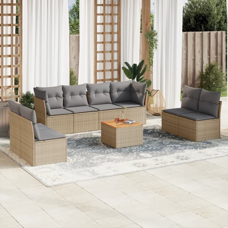 vidaXL Set de sofás de jardín 9 pzas con cojines ratán sintético beige vidaXL Set de sofás de jardín 9 pzas con cojines ratán sintético beige