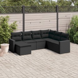 vidaXL Set de comedor de jardín 7 pzas y cojines ratán sintético negro