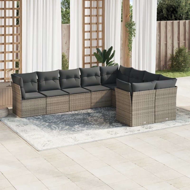 vidaXL Set de muebles de jardín 9 pzas y cojines ratán sintético gris vidaXL Set de muebles de jardín 9 pzas y cojines ratán sintético gris