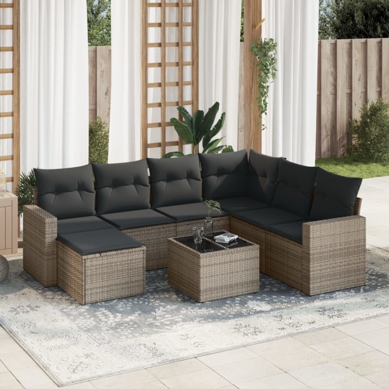 vidaXL Set de sofás de jardín 8 pzas y cojines ratán sintético gris vidaXL Set de sofás de jardín 8 pzas y cojines ratán sintético gris