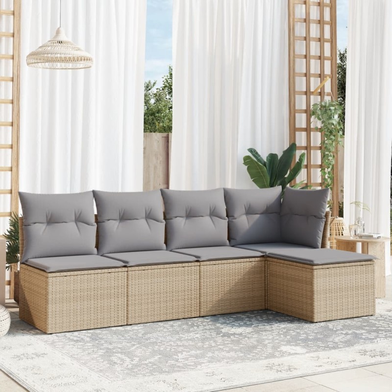 vidaXL Juego de sofás jardín con cojines 5 pzas ratán sintético beige vidaXL Juego de sofás jardín con cojines 5 pzas ratán sintético beige