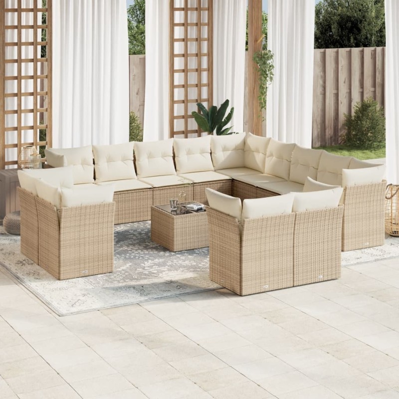 vidaXL Set sofás de jardín 14 pzas con cojines ratán sintético beige vidaXL Set sofás de jardín 14 pzas con cojines ratán sintético beige