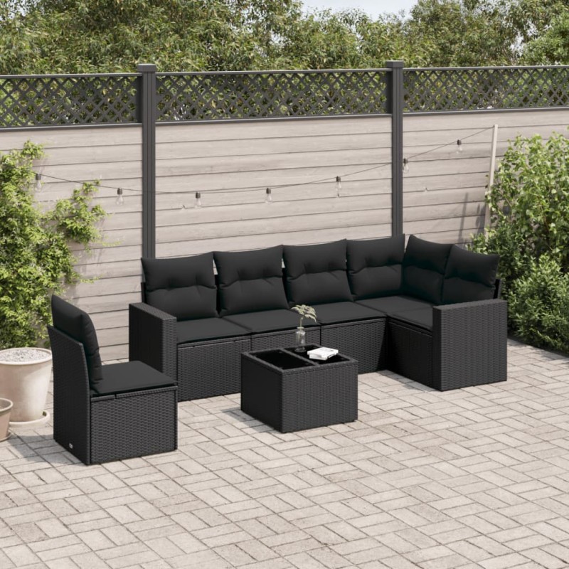 vidaXL Set de comedor de jardín 7 pzas y cojines ratán sintético negro vidaXL Set de comedor de jardín 7 pzas y cojines ratán sintético negro