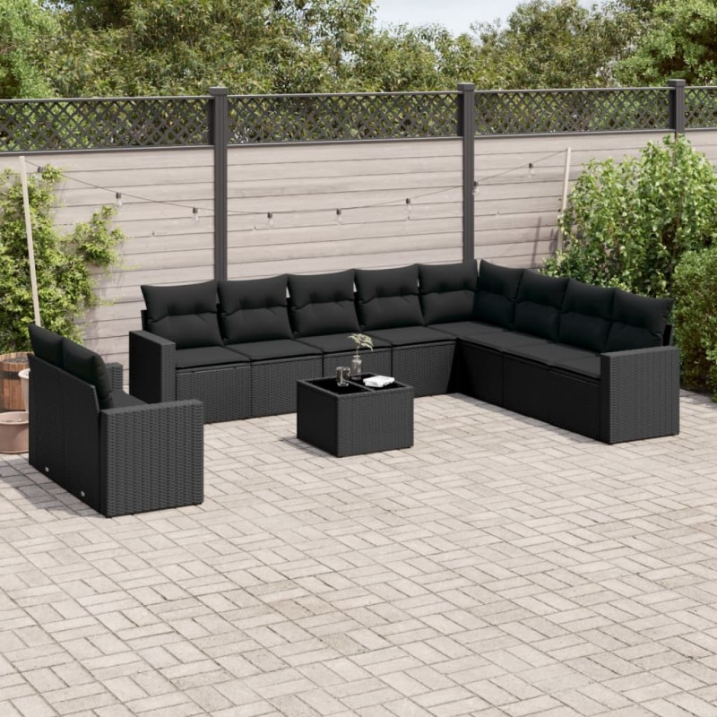vidaXL Set de sofás de jardín 11 pzas y cojines ratán sintético negro vidaXL Set de sofás de jardín 11 pzas y cojines ratán sintético negro
