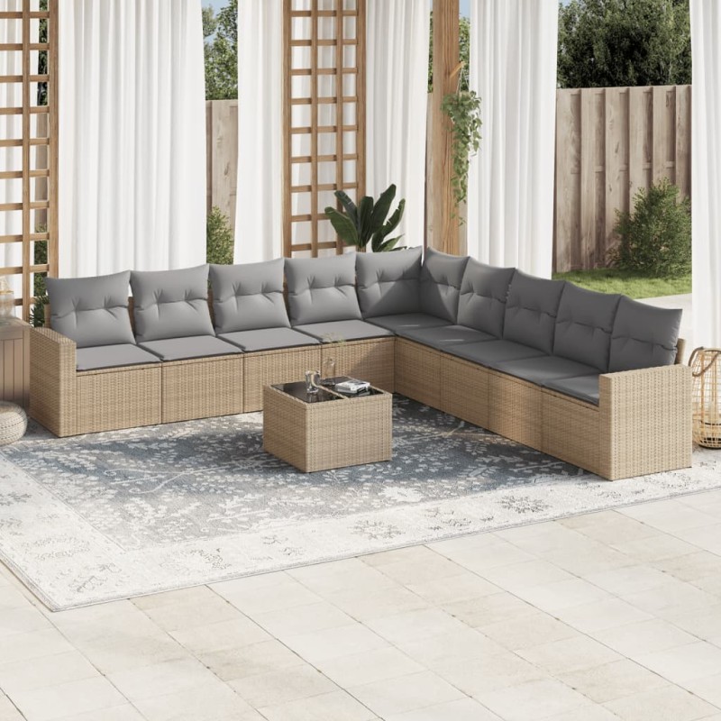 vidaXL Juego de sofás jardín con cojines beige 10 pzas ratán sintético