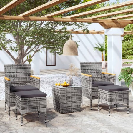 vidaXL Mesa sillas jardín 5 pzas ratán sintético vidrio templado gris