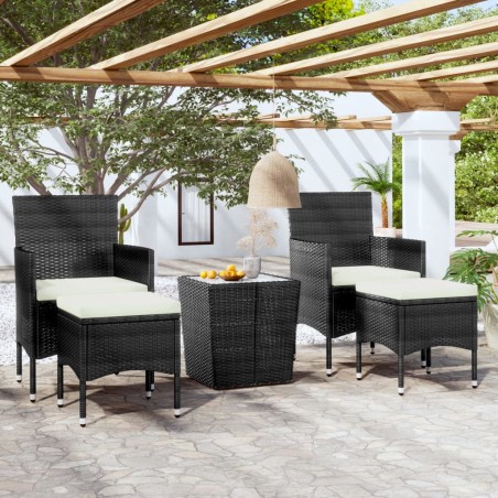 vidaXL Mesa sillas jardín 5 pzas ratán sintético vidrio templado negro