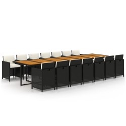 vidaXL Set comedor de jardín con cojines 15 pzas ratán sintético negro