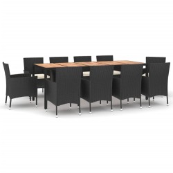 vidaXL Set de comedor jardín 11 pzas con cojines ratán sintético negro